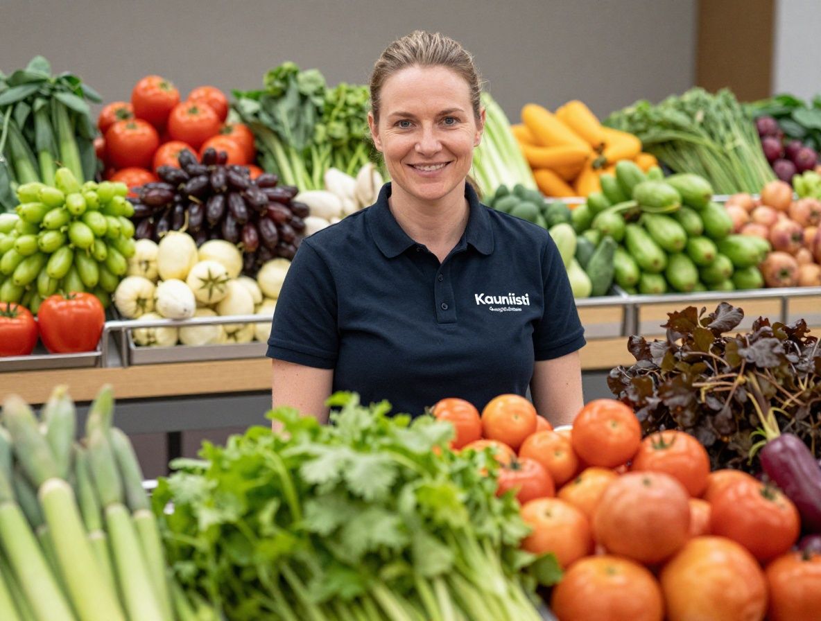 Kauniisti katettu pöytä täynnä värikkäitä vihanneksia, hedelmiä ja pähkinöitä, terveellinen ja runsas kasvispitoinen ateria-asetelma