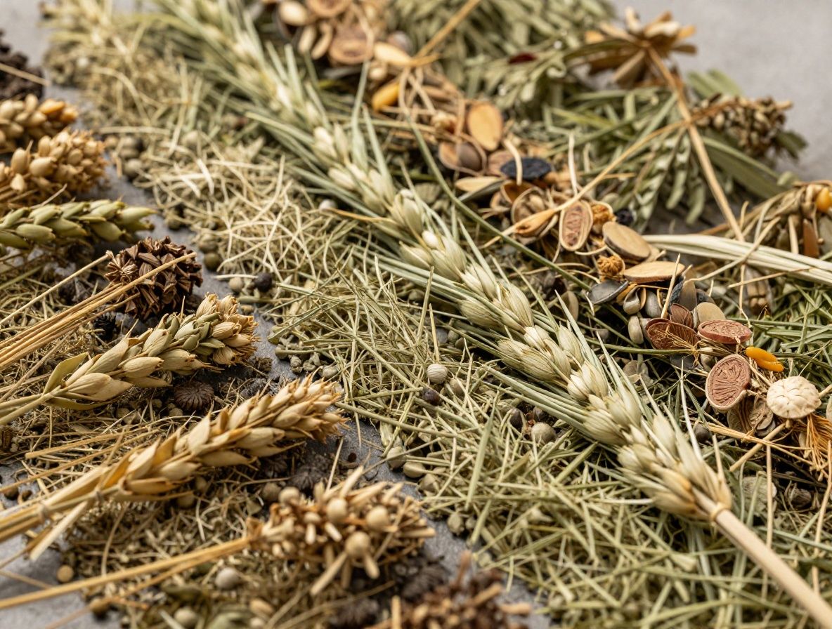 Ylhäältä kuvattu asetelma luonnollisista ainesosista, yrteistä, siemenistä ja pähkinöistä vaalealla puupinnalla, kaunis tasapainoinen sommitelma